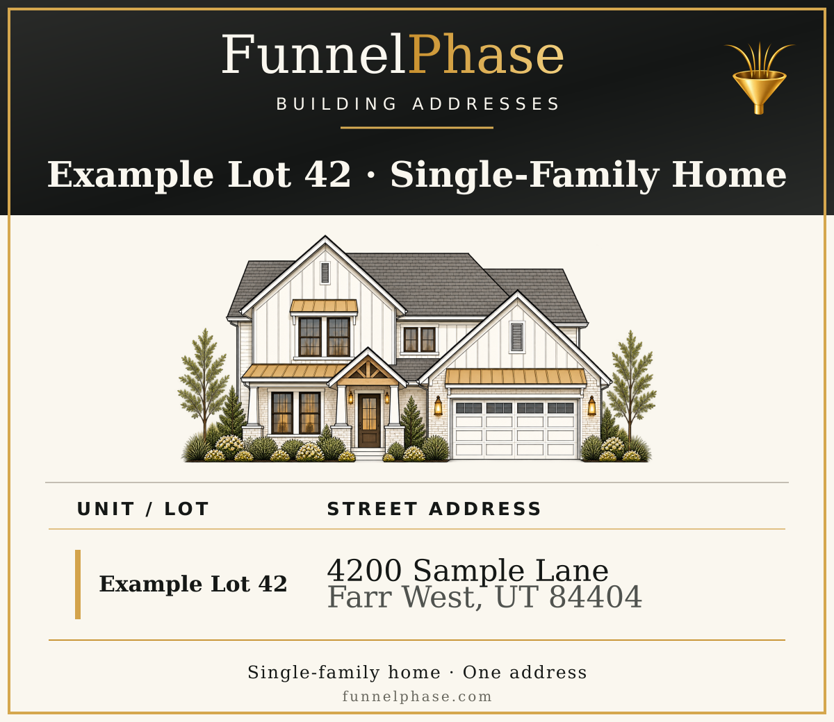 Example single-family home address picture with one detached house and its address