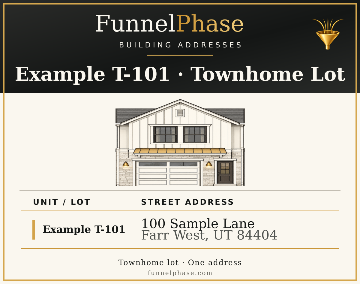 Example townhome lot address picture with one connected townhome and its address