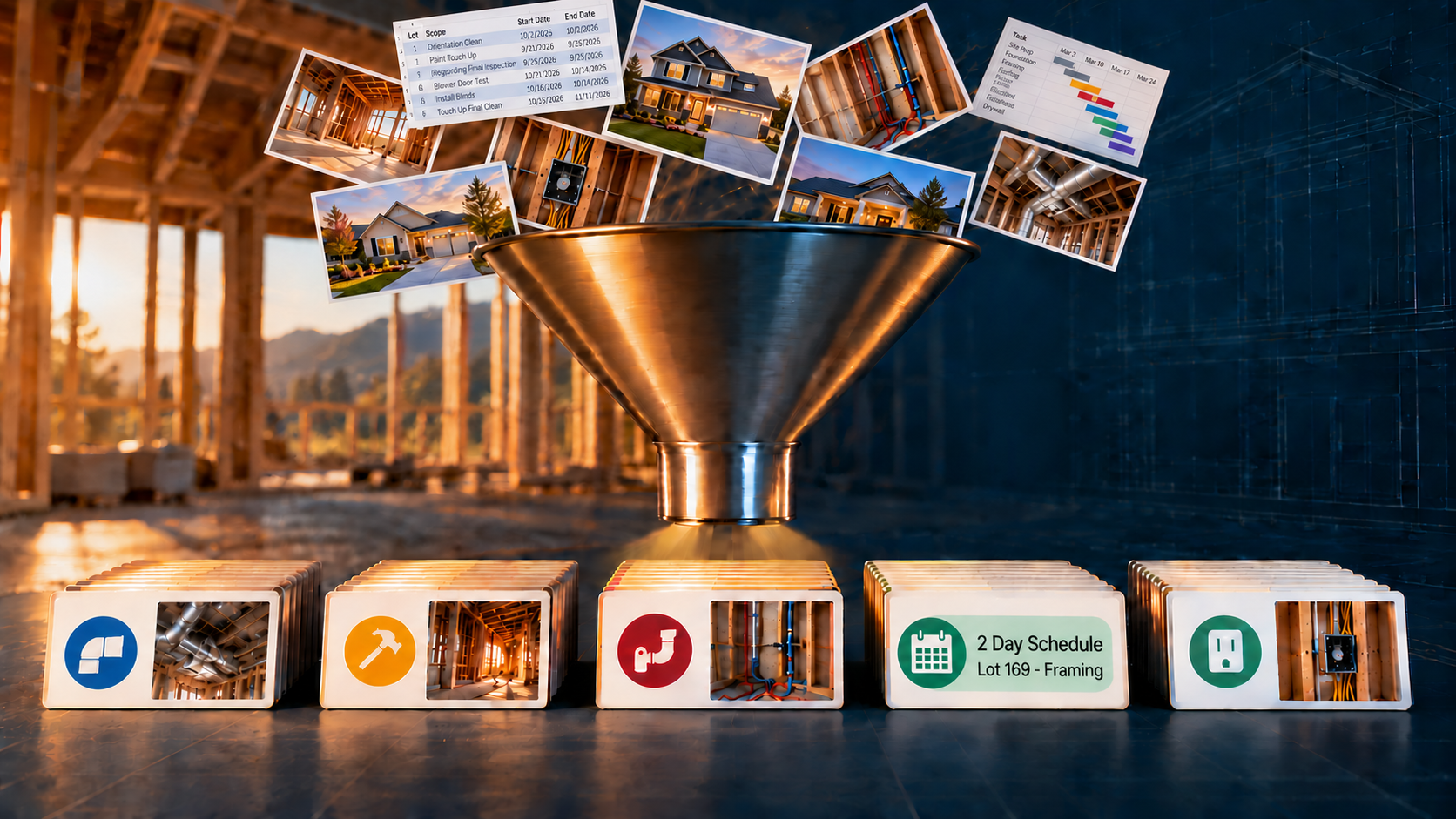 Schedules and jobsite photos go into a steel funnel and come out as organized trade texts and photo stacks